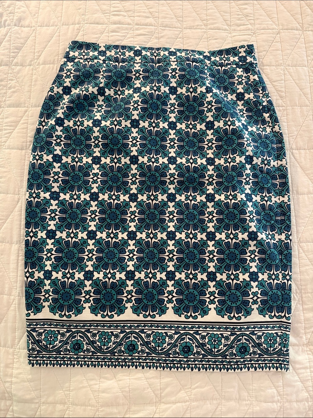 Boden Teal and White Tile-Print Pencil Skirt